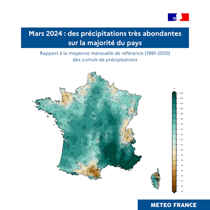 Rapport à la normale mensuel du cumul des précipitations de mars 2024 © Météo-France