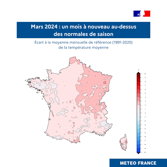 Ecart à la normale mensuelle de la température moyenne de mars 2024 © Météo-France