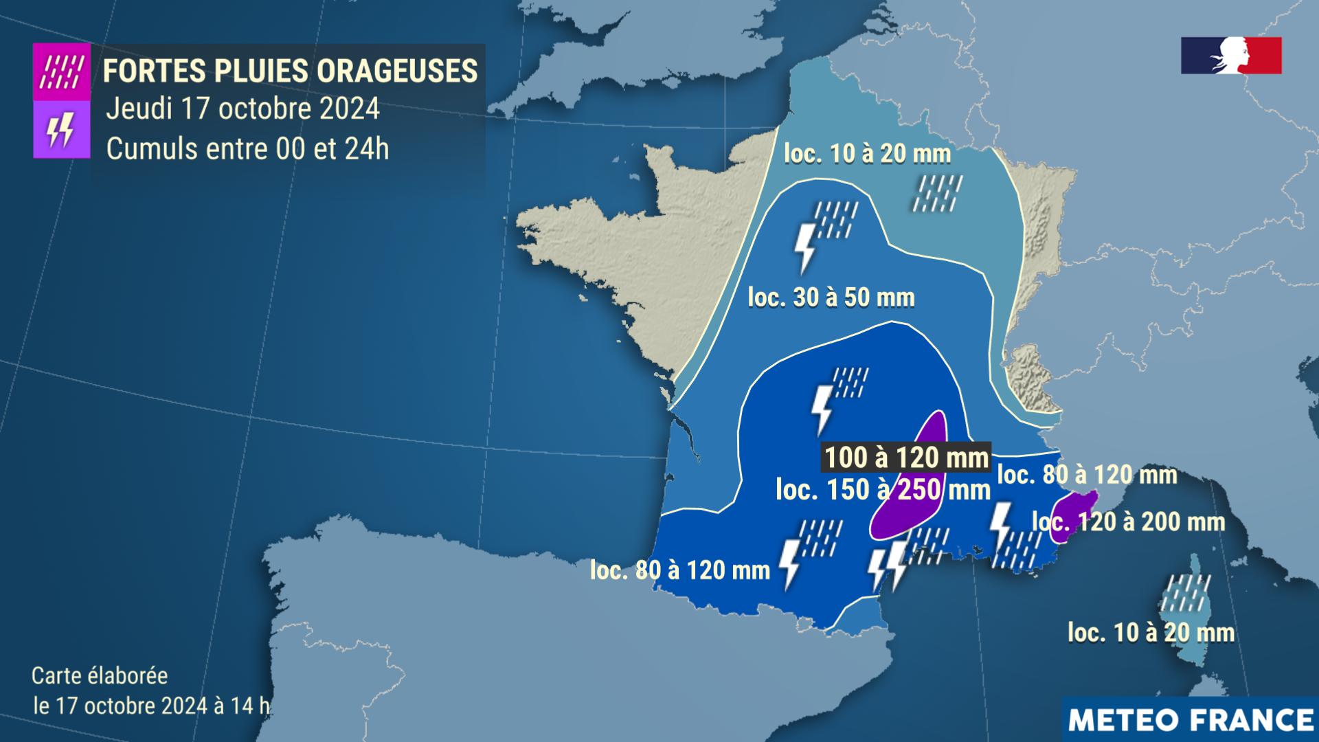 Cumuls de précipitations prévus le jeudi 17 octobre 2024 entre 00 et 24h © Météo-France