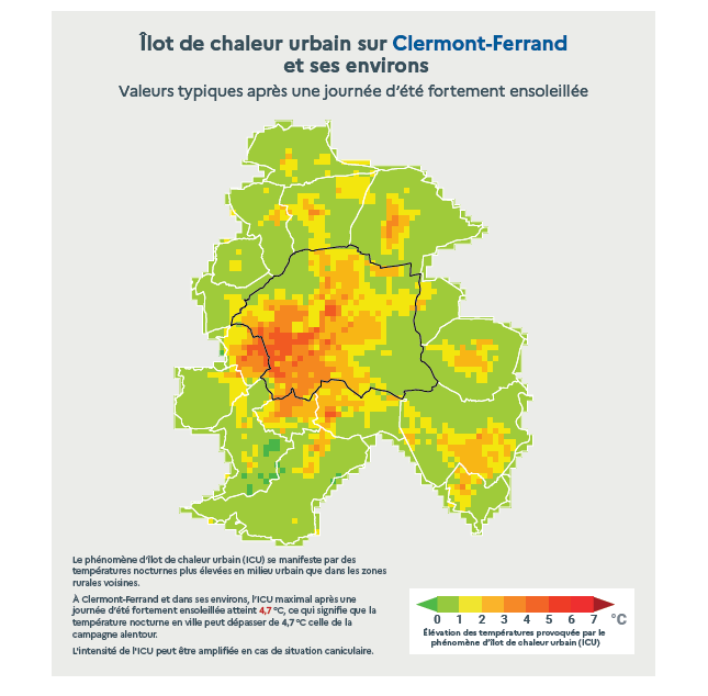 Carte ICU aure urbaine de Clermont-Ferrand © Météo-France