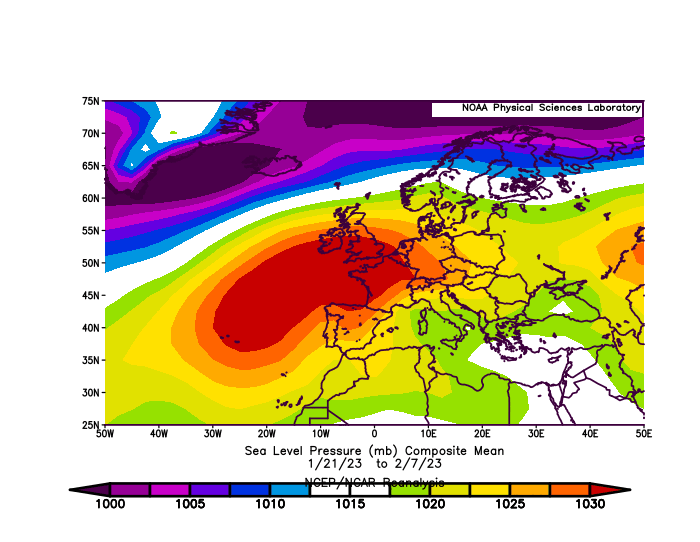 Pression réduite au niveau de la mer moyenne du 21 janvier au 7 février