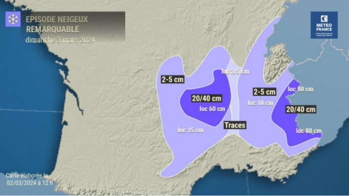 Episode neigeux remarquable dimanche 3 mars 2024 © Météo-France
