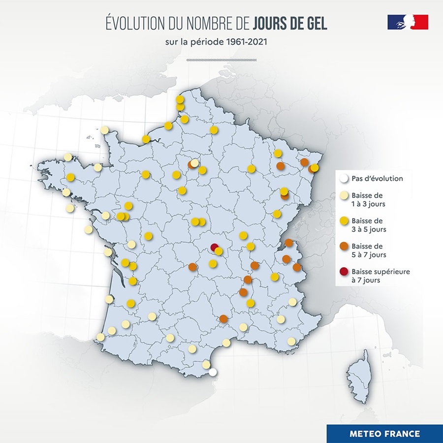 Evolution du nombre de jours de gel en France (1961-2021)