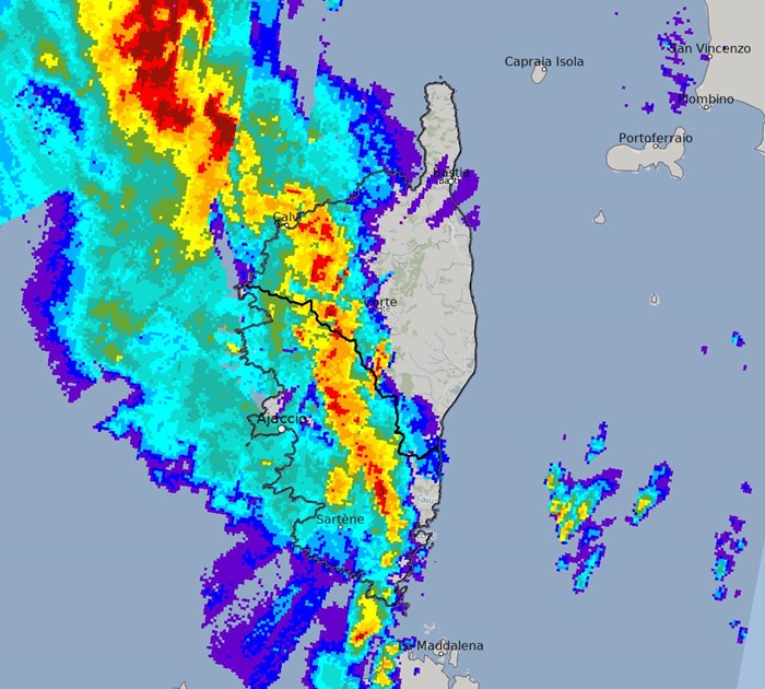 Image radar d'orages en Corse