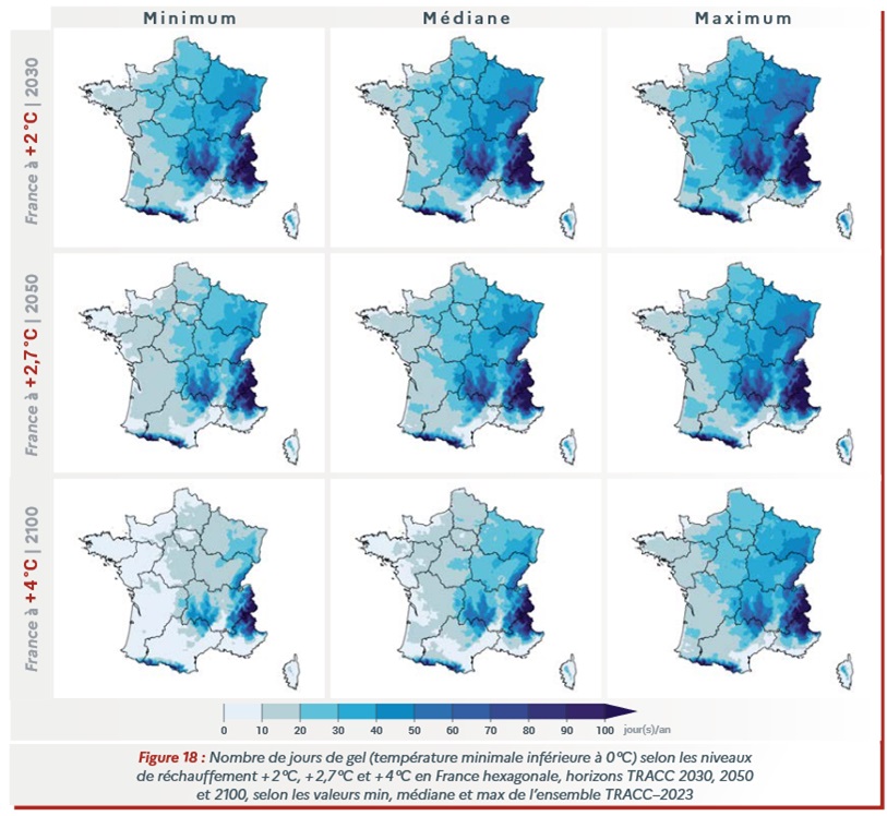 Nombre de jours de gel en France aux horizons 2030, 2050 et 2100 - Météo-France