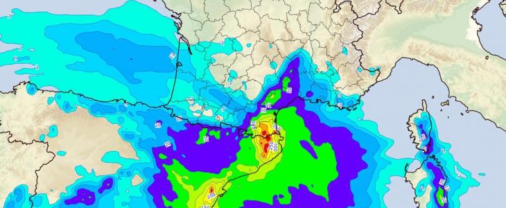 Cumuls de précipitations (en mm) prévus par le modèle ARPEGE entre lundi 20 à 18 h et jeudi 23 janvier 2020 à 18 h. 