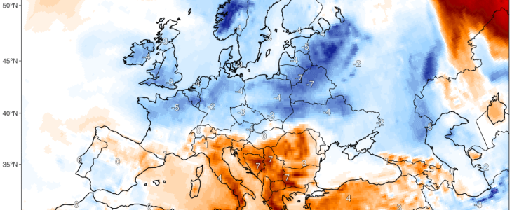 Anomalie de température à 2 m sur l'Europe le 14 mai 2020 à 6 UTC - © ClimateReanalyzer.org
