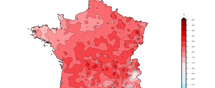 Ecart à la moyenne saisonnière de référence de la température moyenne avec les données du 1er décembre 2019 au 30 janvier 2020