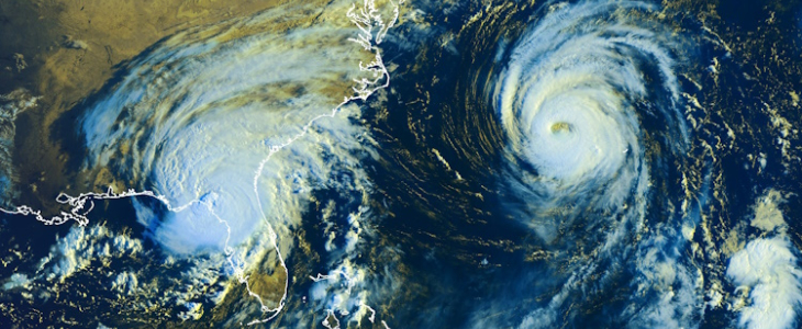Image satellitale du mercredi 30 août 2023 à 12 UTC. On voit Idalia sur la Floride et Franklin plus à l'est. 