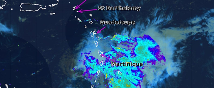 Image satellitaire et radar montrant BRET le 23/06/2023 à 08h UTC ou 04h00  en heure locale AST/ Antilles.