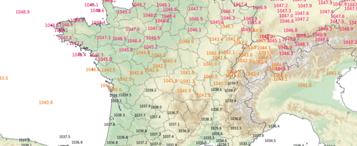 Pressions observées lundi 20 janvier 2020 à 11 h 30, heure à laquelle on mesure le record de 1049,7 hPa à Abbeville. © Météo-France.