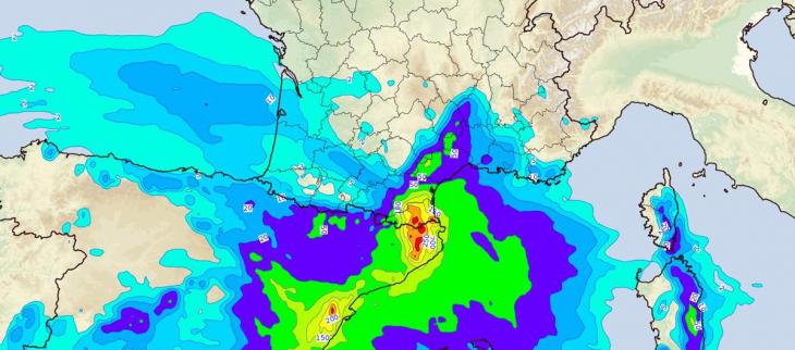 Cumuls de précipitations (en mm) prévus par le modèle ARPEGE entre lundi 20 à 18 h et jeudi 23 janvier 2020 à 18 h. 
