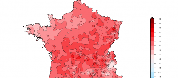 Ecart à la moyenne saisonnière de référence de la température moyenne avec les données du 1er décembre 2019 au 30 janvier 2020