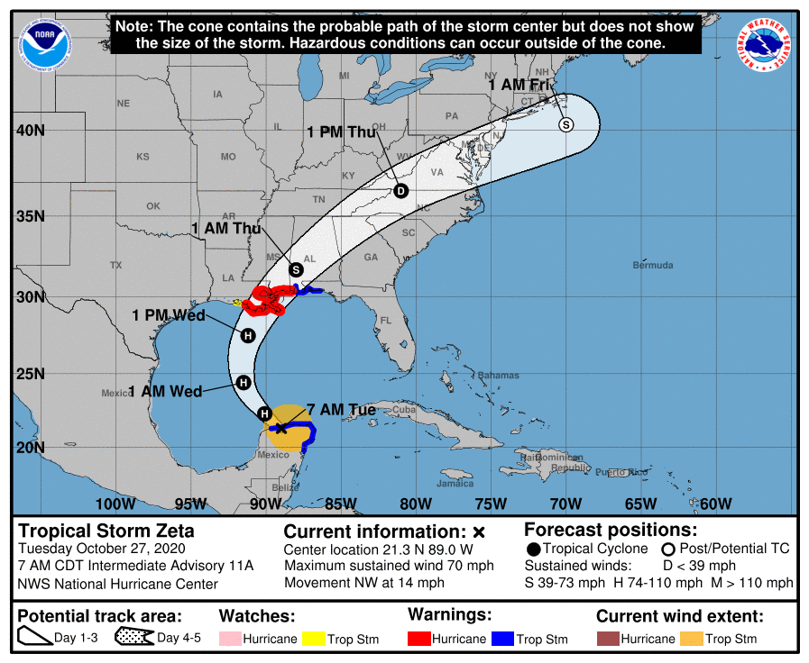 Trajectoire prévue pour Zeta - © NOAA/NHC