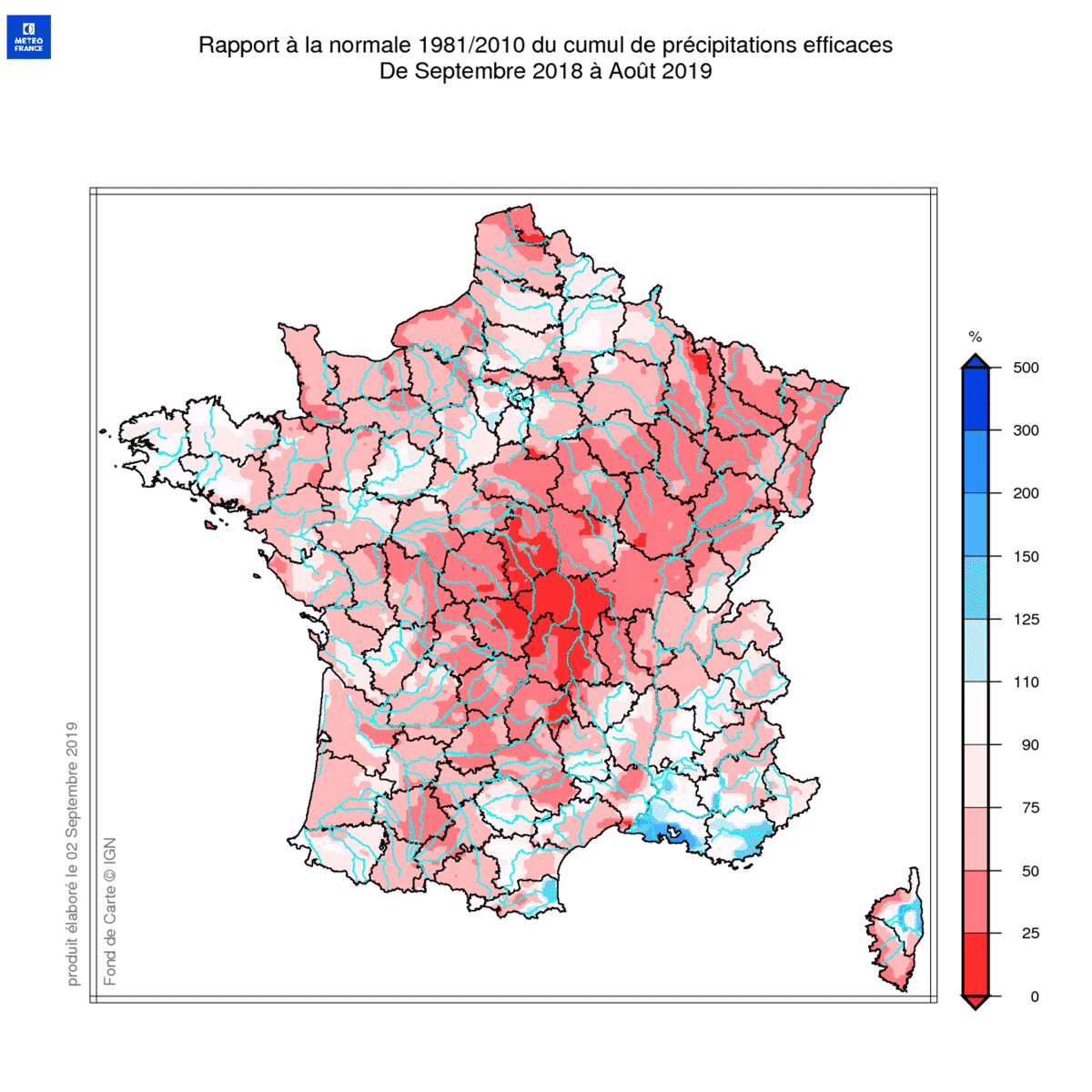 Rapport à la normale 1981- 2010 du cumul de précipitations efficaces de Septembre 2018 à Août 2019