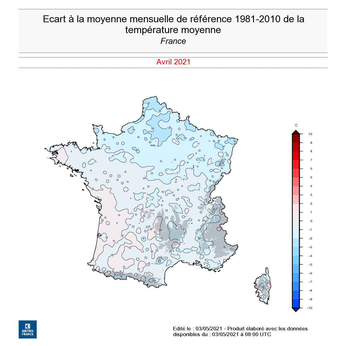 Écart à la moyenne mensuelle de référence 1981-2010 de la température moyenne en France, en avril 2021. © Météo-France.