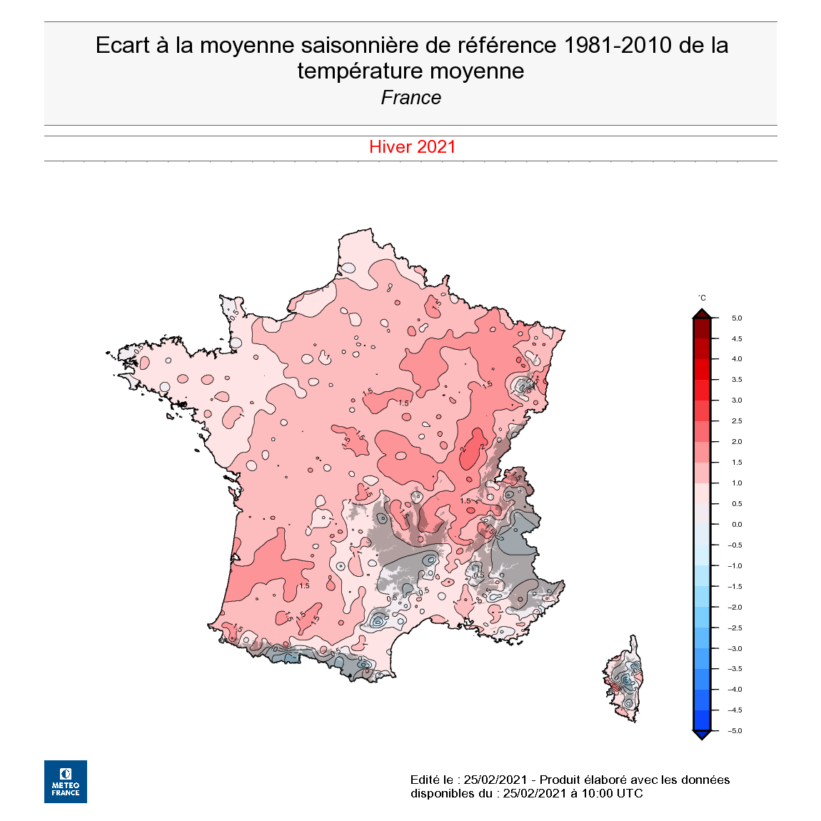 Écart à la moyenne saisonnière de référence 1981-2010 de la température moyenne en France, hiver 2020-2021. © Météo-France.