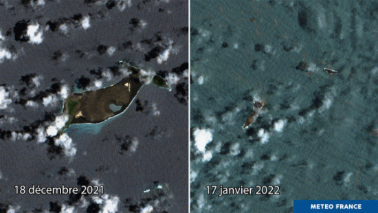 Avant- après :  l'île le 18 décembre et ce qu'il en reste le 17 janvier 2022.