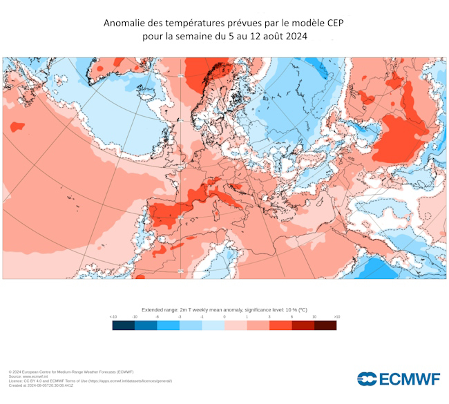 Anomalie des températures prévues par le modèle CEP pour la semaine du 5 au 12 août 2024 © CEPMMT