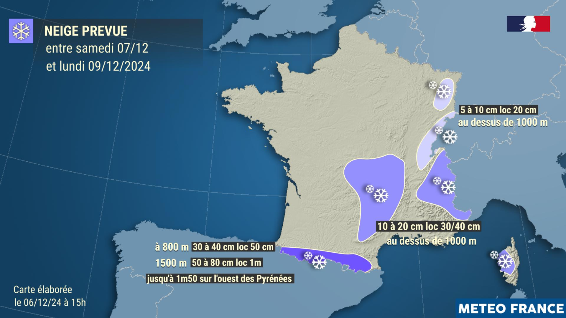 Neige prévue entre samedi 7 et lundi 9 décembre 2024. 