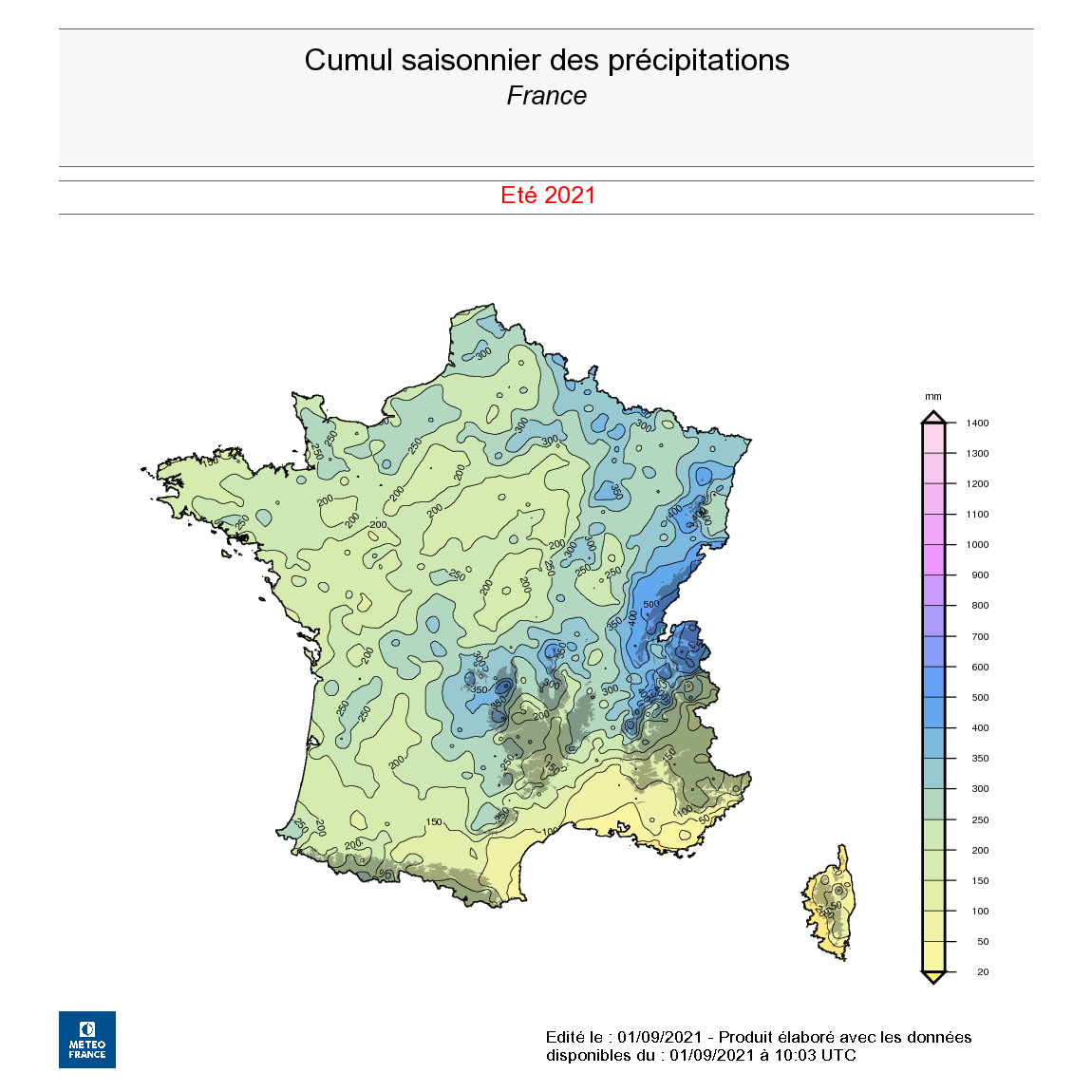 Cumul saisonnier des précipitations, été 2021. © Météo-France.