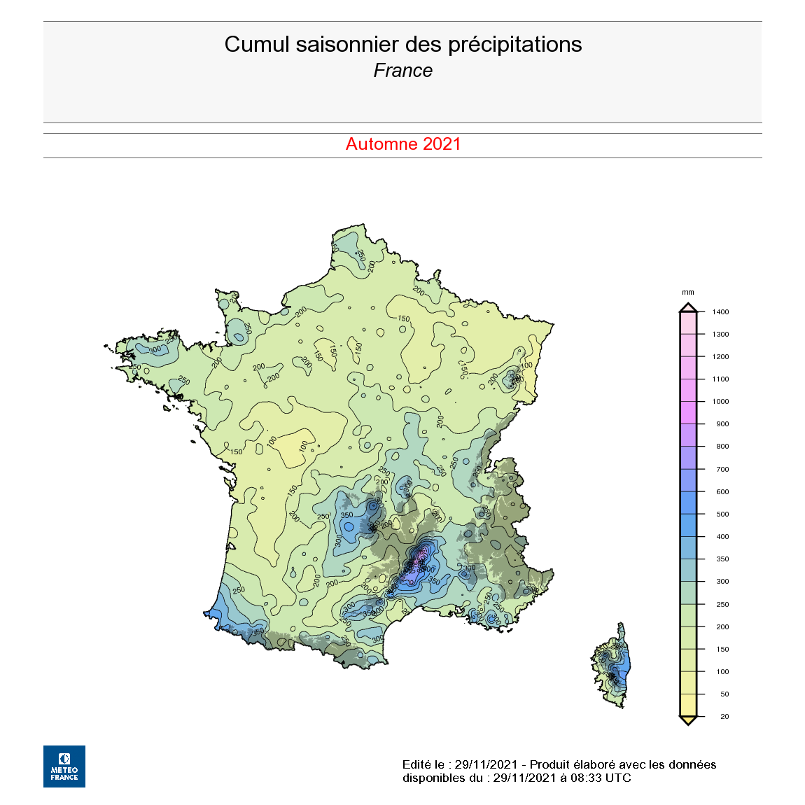 Cumul saisonnier des précipitations en France, en l’automne 2021.