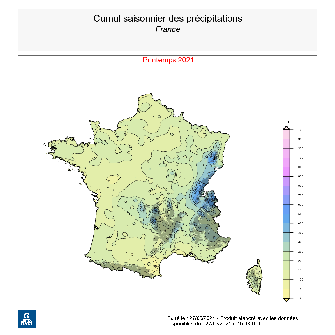 Cumul saisonnier des précipitations en France, printemps 2021. © Météo-France.