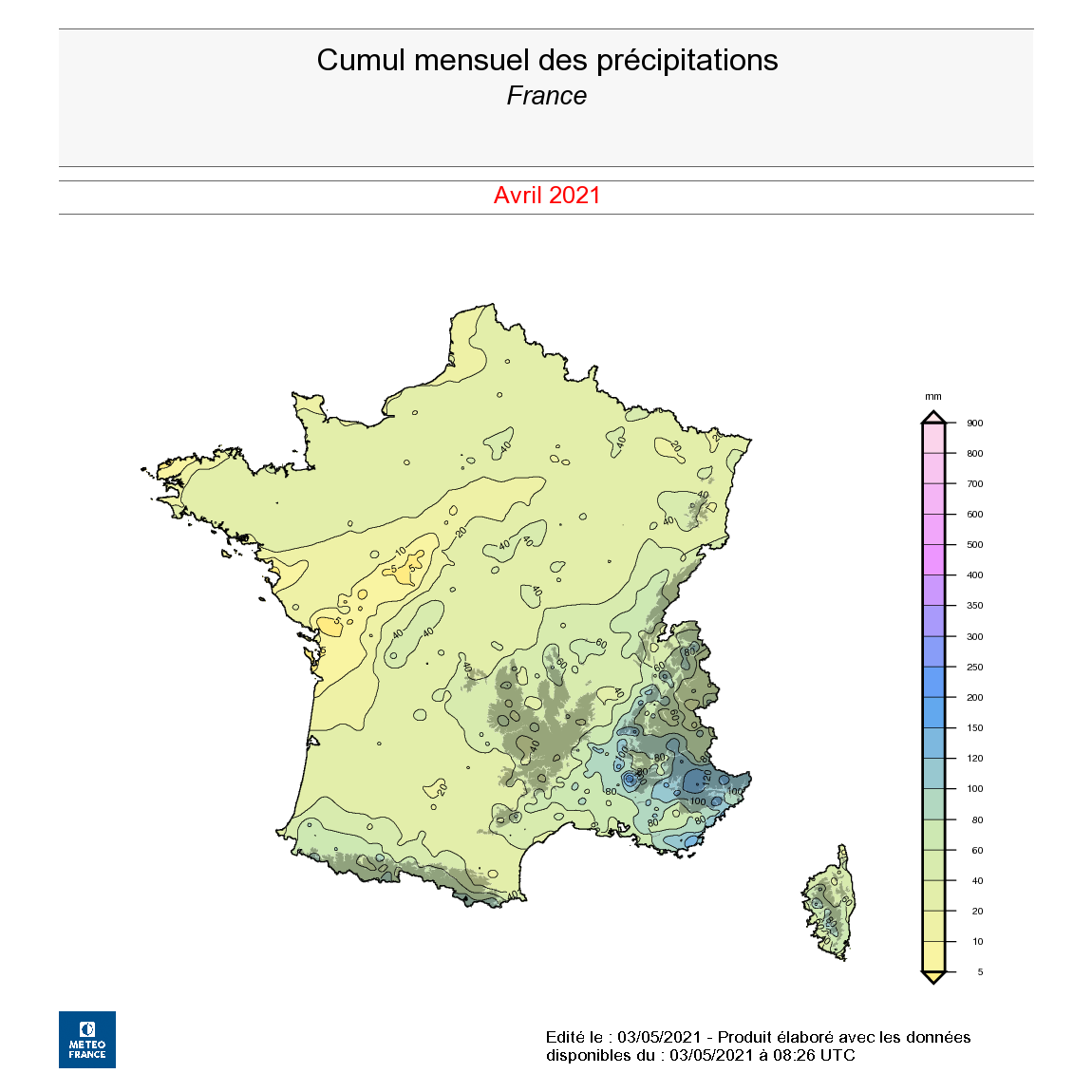 Cumul mensuel des précipitations en France, en avril 2021.