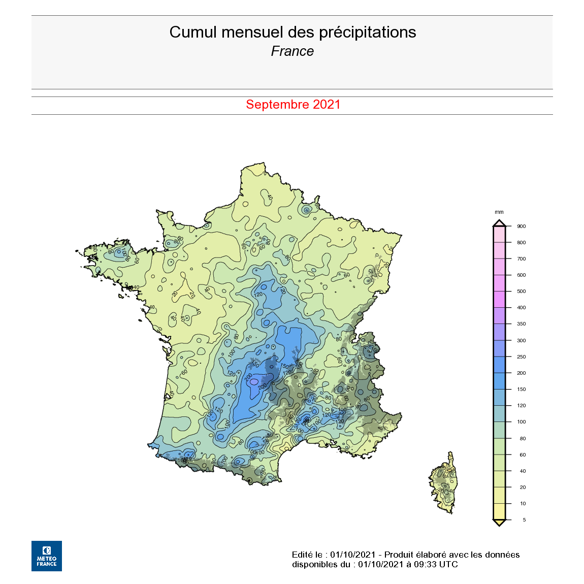 Cumul mensuel des précipitations en France, en septembre 2021. © Météo-France.