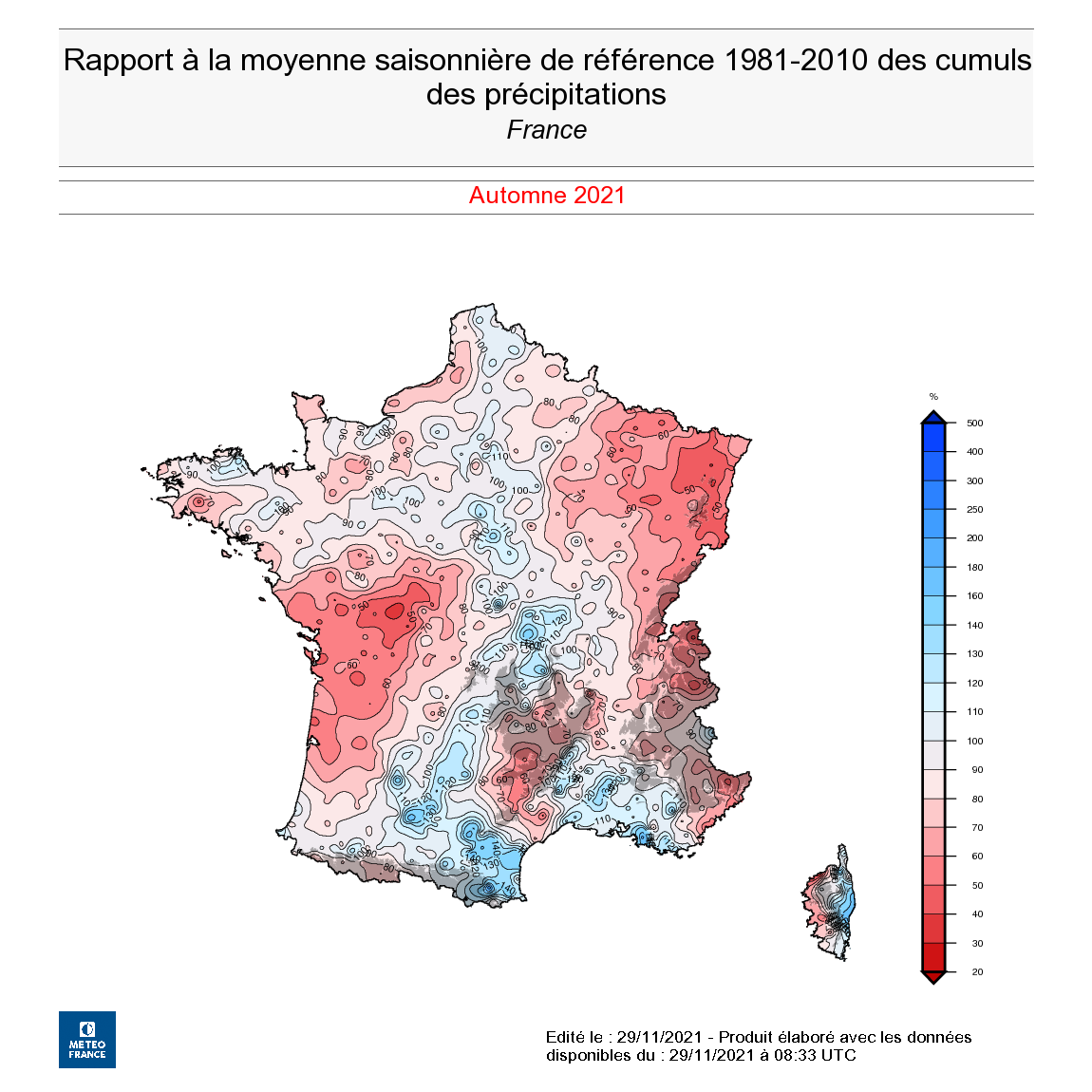 Rapport à la moyenne saisonnière de référence 1981-2010 des cumuls de précipitations en France, en l’automne 2021.