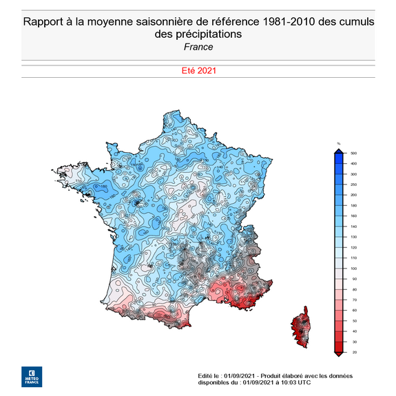 Rapport à la moyenne saisonnière de référence 1981-2010 des cumuls des précipitations, été 2021. © Météo-France.