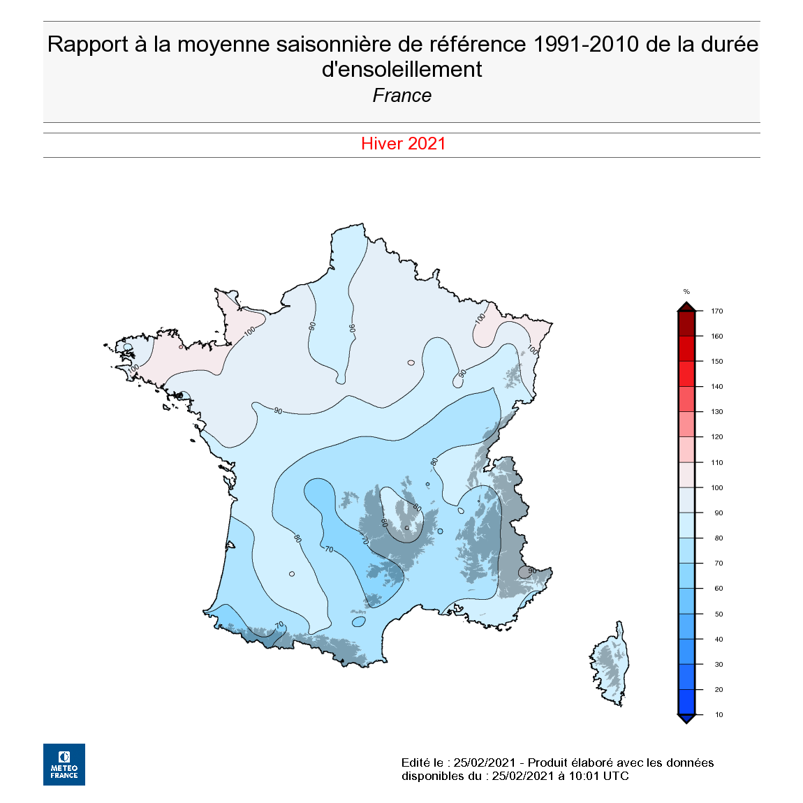Rapport à la moyenne saisonnière de référence 1991-2010 de la durée d’ensoleillement en France, hiver 2020-2021. © Météo-France.
