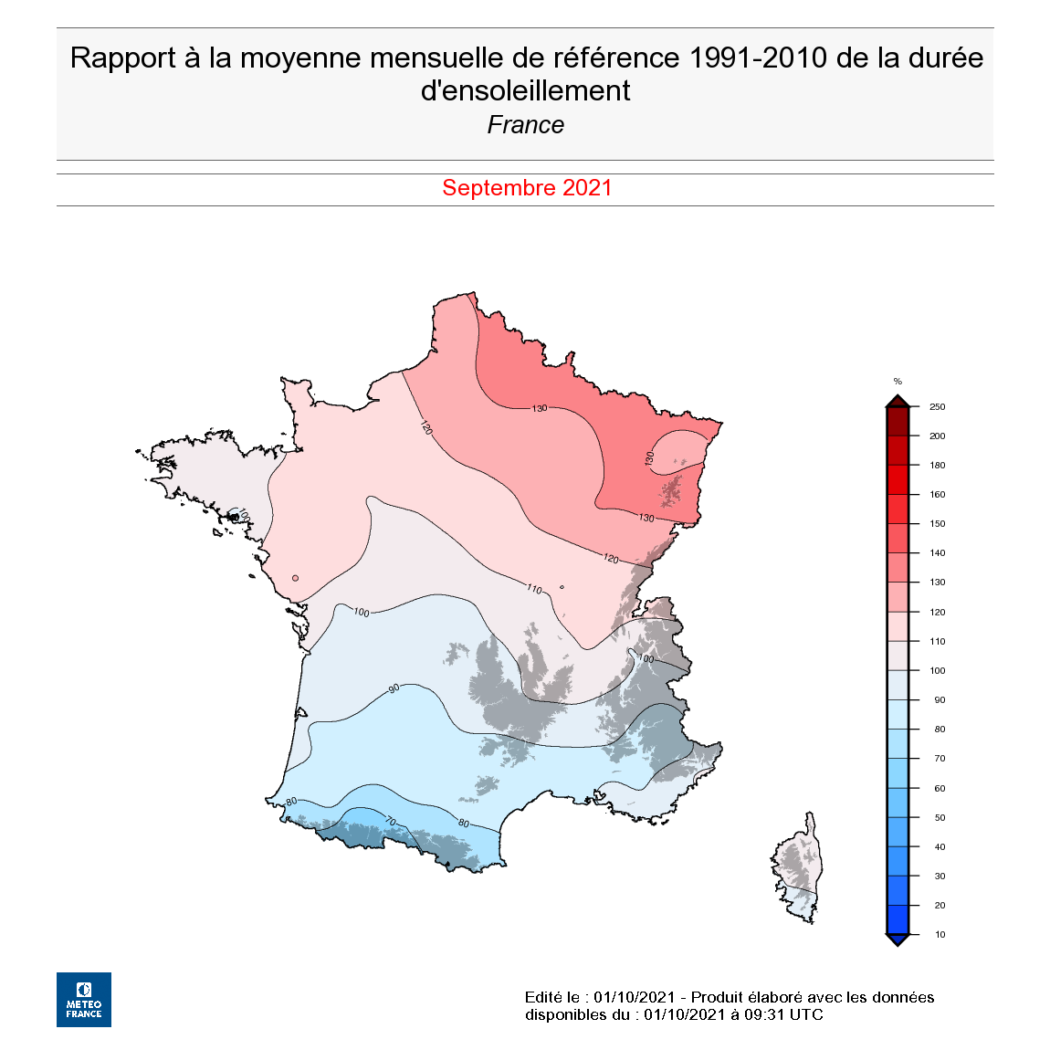 Rapport à la moyenne mensuelle de référence 1991-2010 de la durée d’ensoleillement en France, en septembre 2021. © Météo-France.