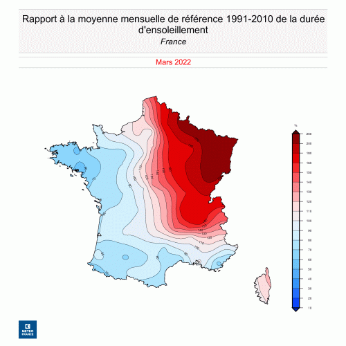Rapport à la normale mensuelle de la durée d'ensoleillement du 1er au 9 mars 2022. © Météo-France.