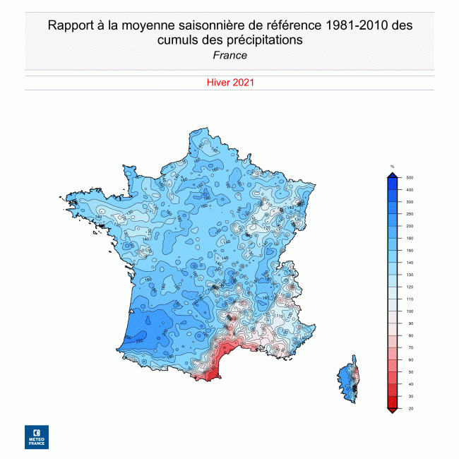 Rapport à la moyenne des cumuls de précipitations en France pendant l'hiver 2020-2021. © Météo-France. 