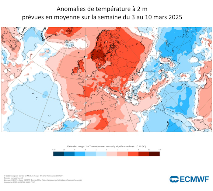 Anomalies de la température prévues en moyenne en Europe pour la semaine du 3 au 10 mars 2025 @ CEPMMT