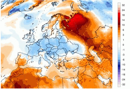 Anomalie de température à 2 m sur l'Europe le 19 mai 2021. © ClimateReanalyzer.org