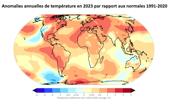 Anomalie de température annuelle mondiale par rapport aux normales 1991-2020. © OMM