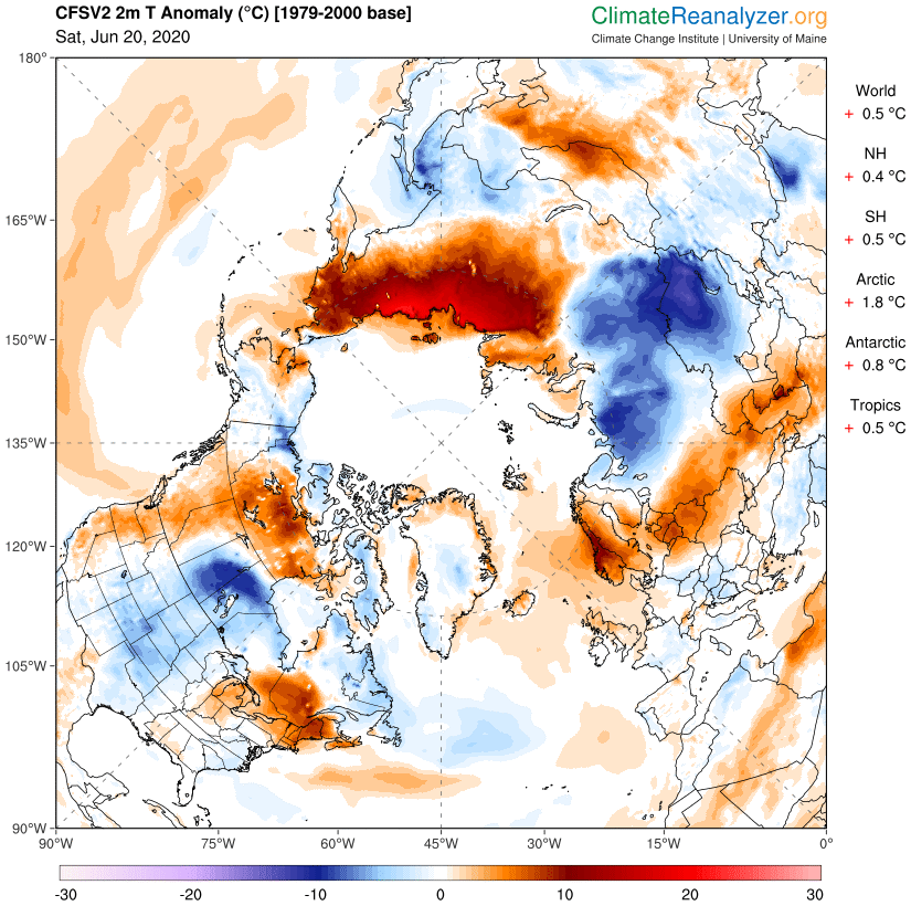 Anomalie de température à 2 m, le 20 juin 2020, autour de l'Arctique - © ClimateReanalyzer.org