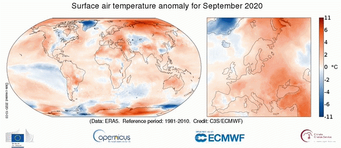 Anomalie de température moyenne en septembre 2020 sur le globe et en Europe. 
