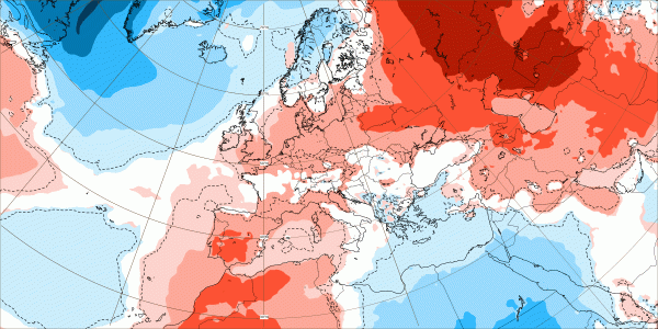 Anomalie de température à 2 mètres sur la semaine du 21 au 28 février 2022. © modèle CEP.