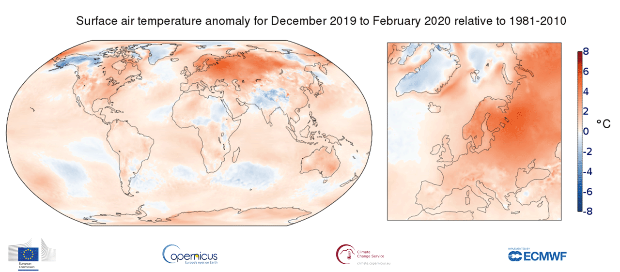 Hiver (décembre 2019 à février 2020) : anomalie de température en Europe. © Copernicus Climate Change Service.