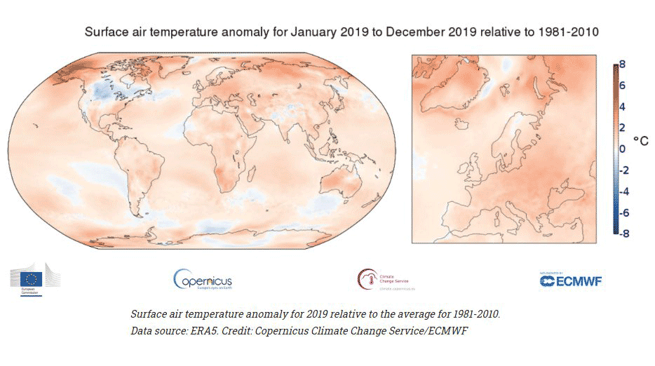 Anomalie de températures sur le globe en 2019. © ECMWF, Copernicus Climate Change Service.