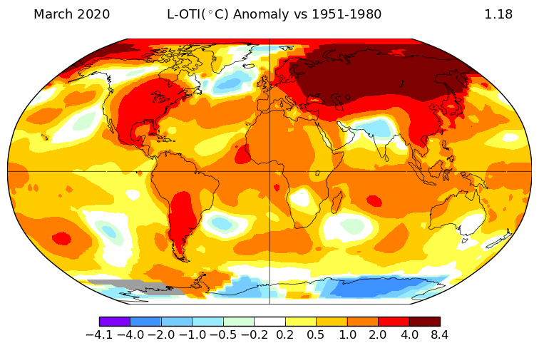 Anomalie de température moyenne à la surface du globe en mars 2020 - © NOAA