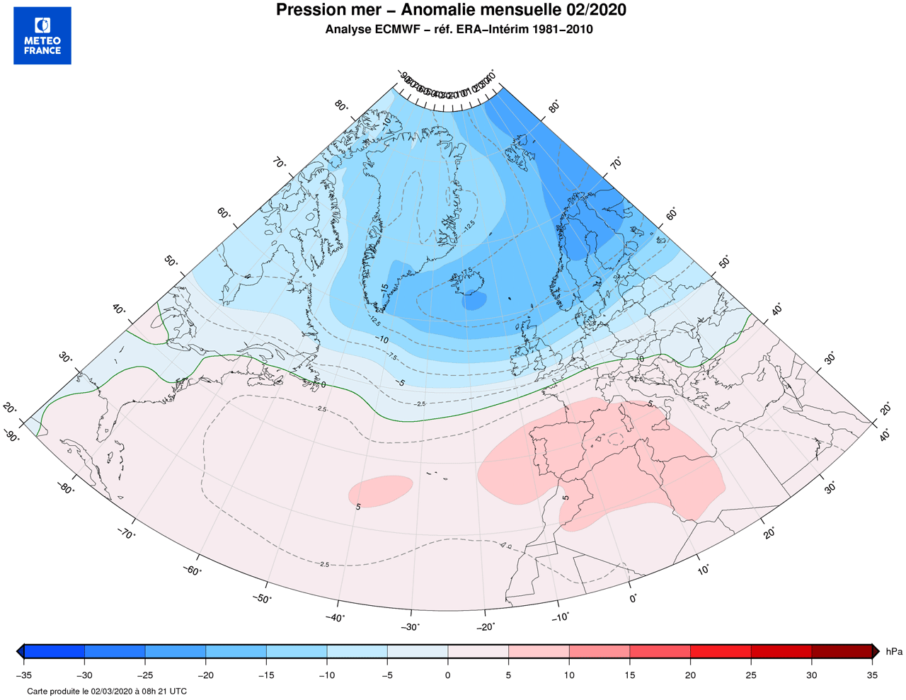 Anomalies de pression sur le mois de février 2020 - © Météo-France