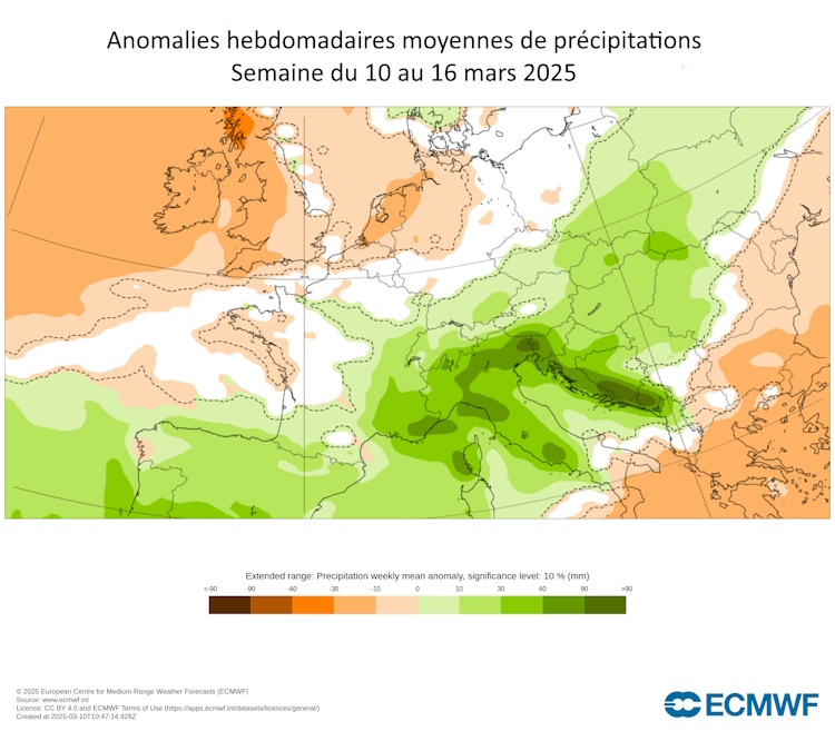 Estimation de l’anomalie de hauteur de précipitations prévue pour la semaine du 10 au 16 mars via la prévision hebdomadaire. Les plus gros écarts à la climatologie sont envisagés dans l’extrême sud-est. © CEPMMT