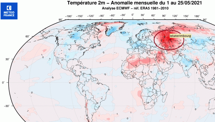 Estimation de l’anomalie de température à 2 m, moyenne mensuelle, à la date du 25 mai. La Russie occidentale concentre des anomalies mensuelles qui dépassent parfois 5 ou 6 degrés !  © Météo-France.