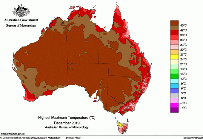 Australie : températures maximales en décembre 2019 - © BOM - Bureau of Meteorology