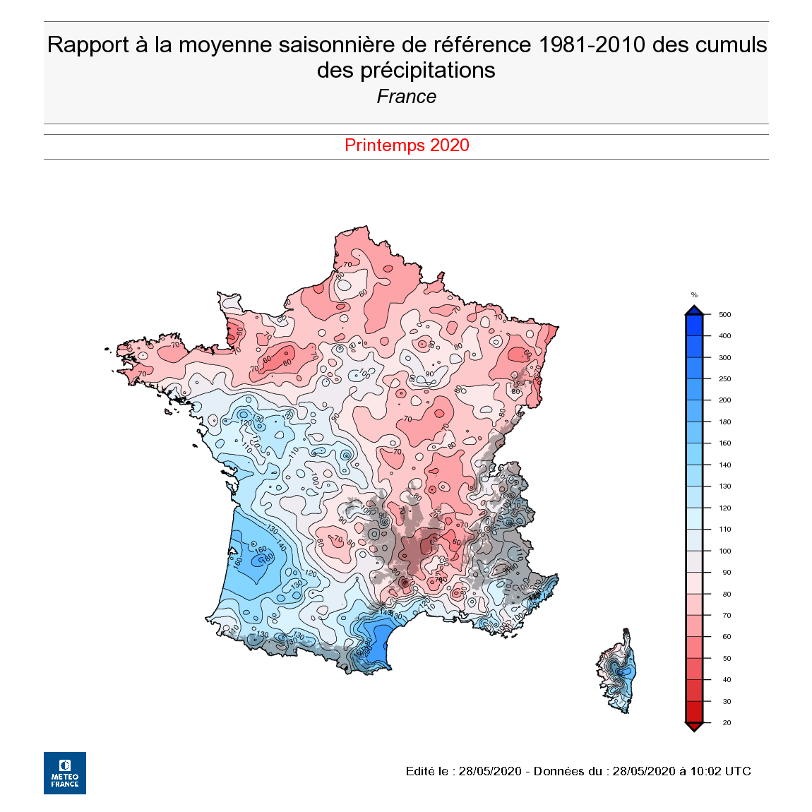 Rapport à la moyenne saisonnière des cumuls de précipitations - France - Printemps 2020 - © Météo-France
