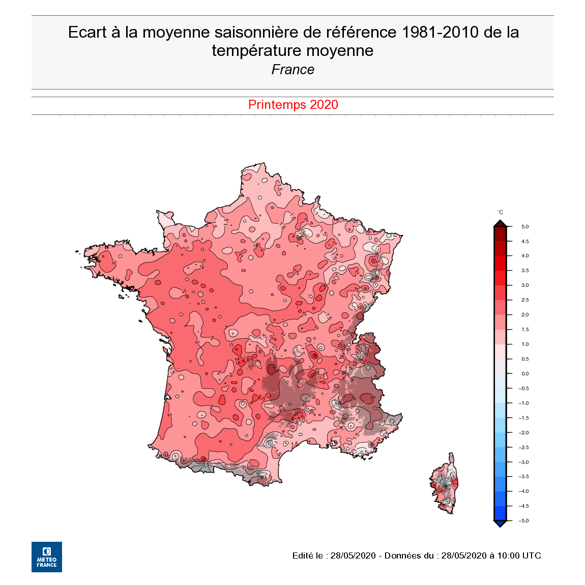 Ecart à la moyenne saisonnière de la température moyenne - France - Printemps 2020 - © Météo-France